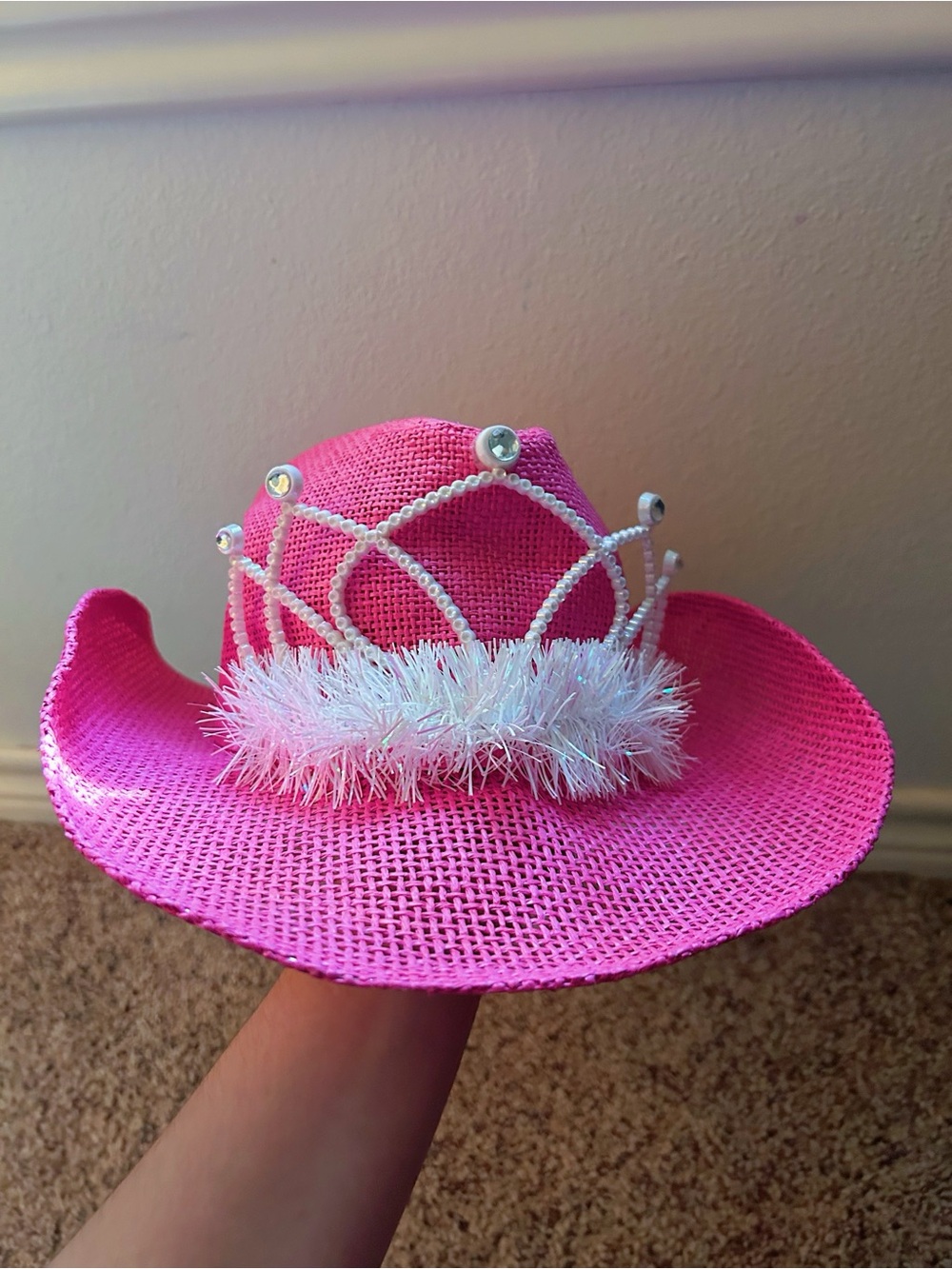 Kids Pink Princess Cowboy Hat with Faux Fur and Gems